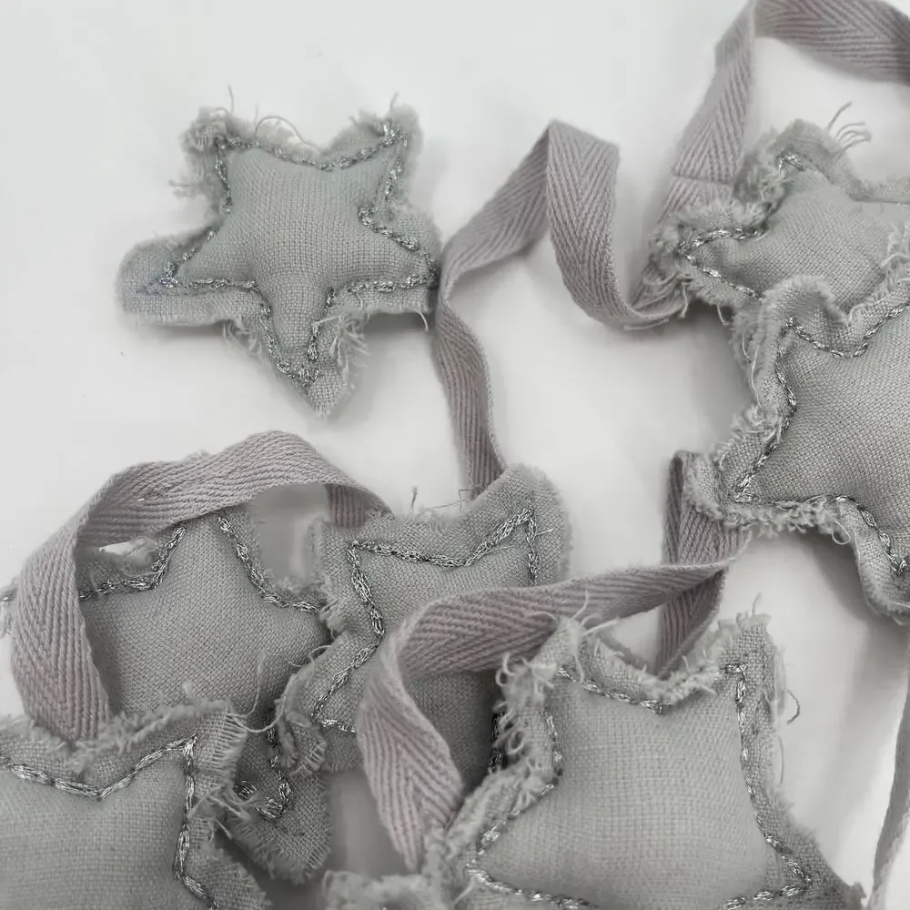 LAND OF NOD Star Garland Fabric Raw Hem Silver Gray Holiday Christmas New Years